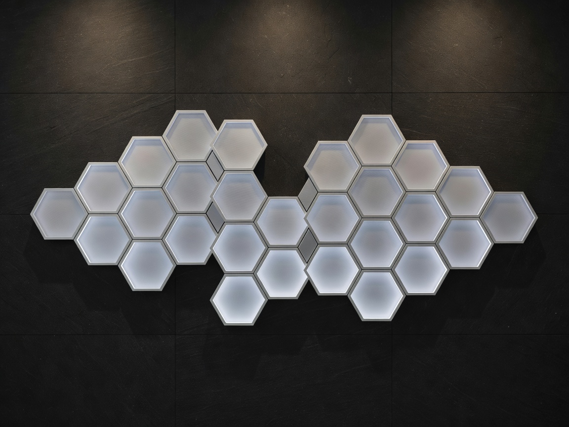 LumaTile HexaCore modular lighting tile installed on an architectural dark feature wall