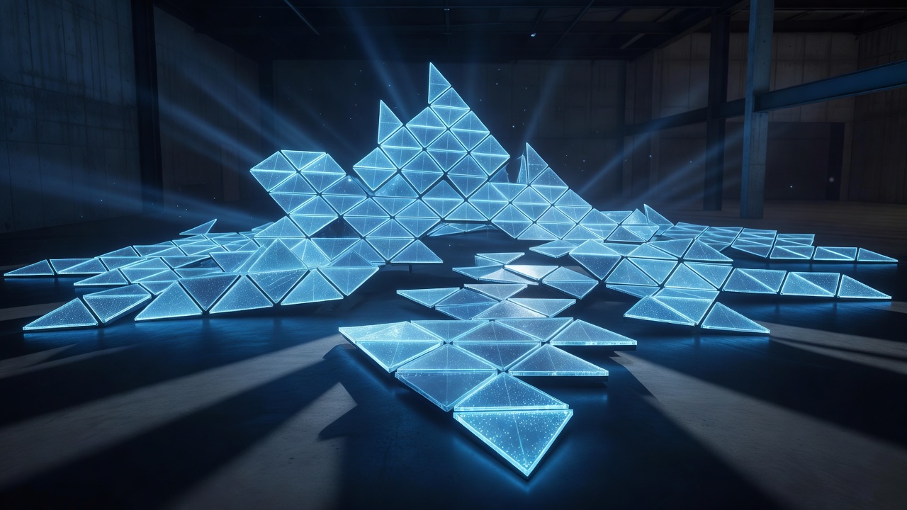 LumaTile Prism Triangle panels configured in an asymmetric delta layout glowing in cyan